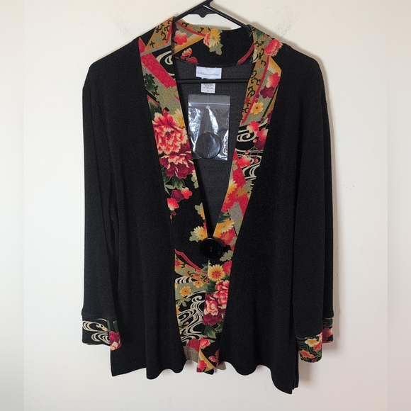 NWOT Soft Surroundings Black & Floral Asian Print Kimono Jacket L Made In USA - Picture 2 of 10